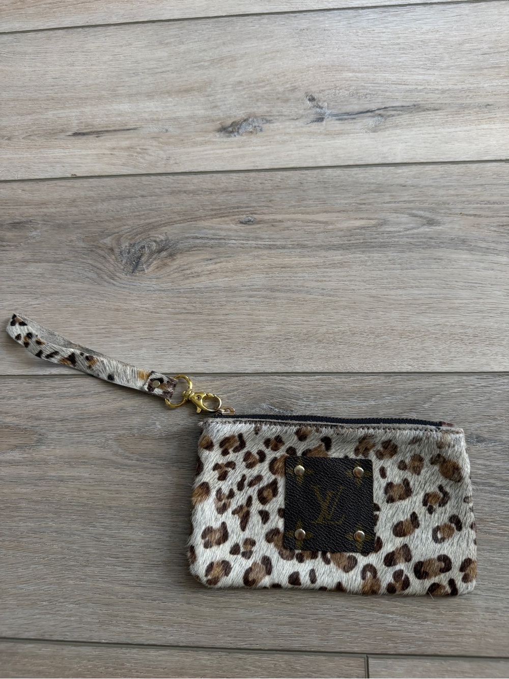 Repurposed Louis Vuitton Leopard Haircalf Wristlet in Brown and White with Gold